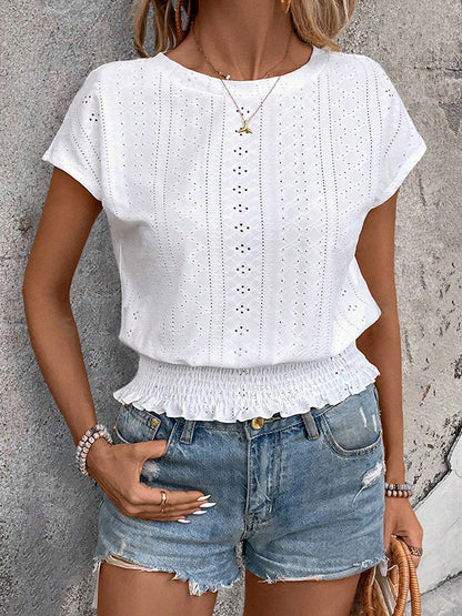 Loose Raglan Sleeve Elasticity Hollow Jacquard Solid Color Round-Neck T-Shirts Tops