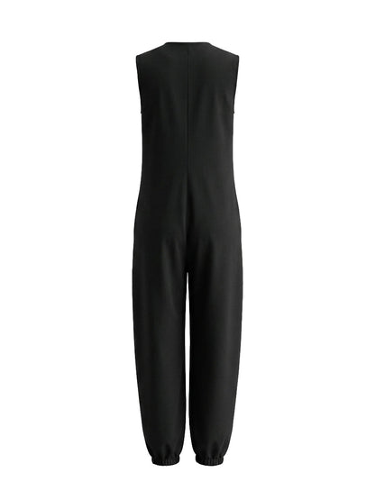 Sleeveless Wide Leg Buttoned Pockets Solid Color V-Neck Jumpsuits