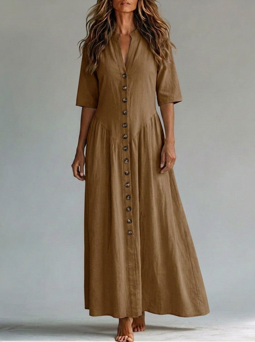 Half Sleeves Puff Sleeves Buttoned Pleated Solid Color Split-Joint Deep V-Neck Maxi Dresses