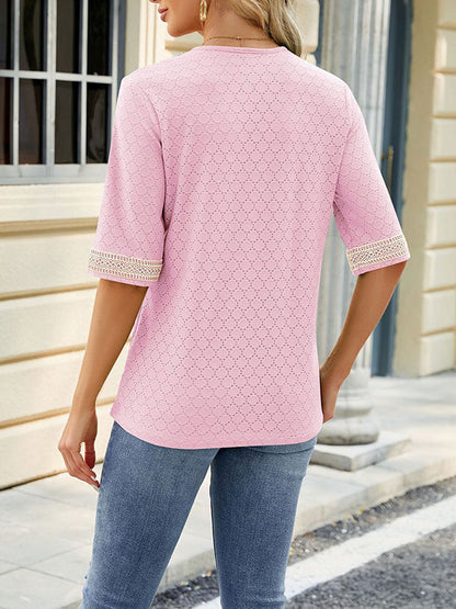 Loose Short Sleeves Contrast Color Hollow Split-Joint V-Neck T-Shirts Tops