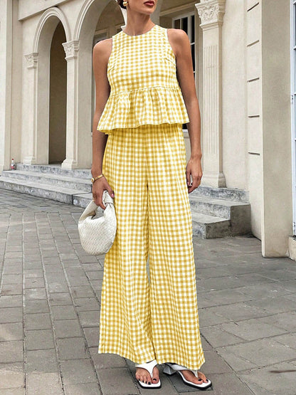 A-Line Loose Plaid Pleated Split-Joint Round-Neck Vest Top + Pants Bottom Suits