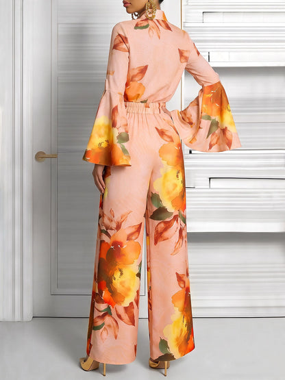 Pockets Flower Print Elasticity Contrast Color Wide Leg High Waisted Trousers Pants