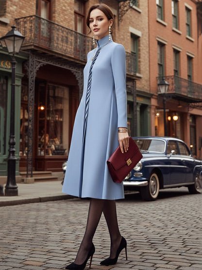 A-Line Bodycon Asymmetric Pleated Pockets Solid Color Split-Joint Stand Collar Midi Dresses