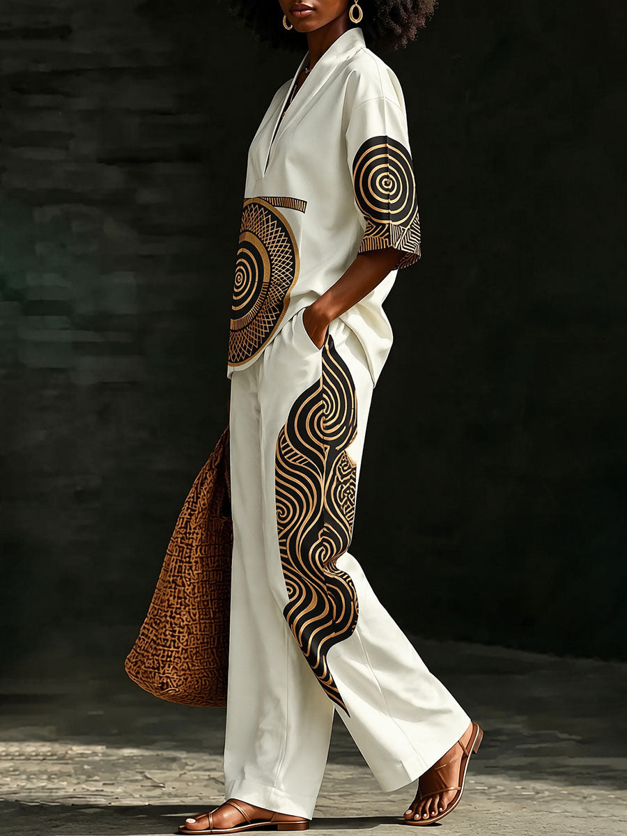 Printed Contrast Color Loose Half Sleeves V-neck Blouses&shirts Tops