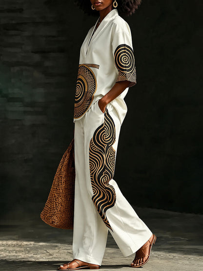 Printed Contrast Color Loose Half Sleeves V-neck Blouses&shirts Tops