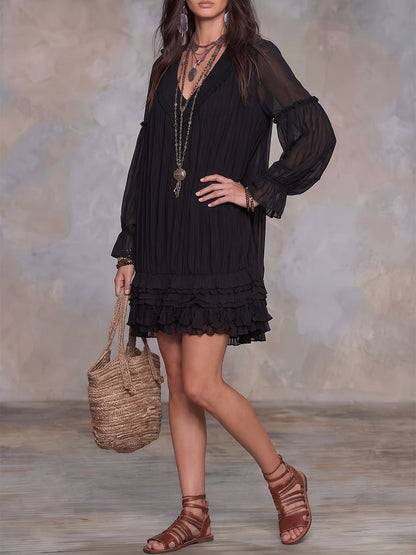 A-Line Long Sleeves Layered See-Through Solid Color V-Neck Mini Dresses