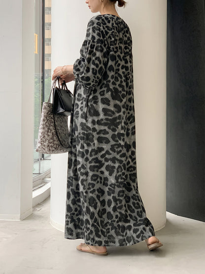 Half Sleeves Loose Contrast Color Leopard Pleated V-Neck Maxi Dresses