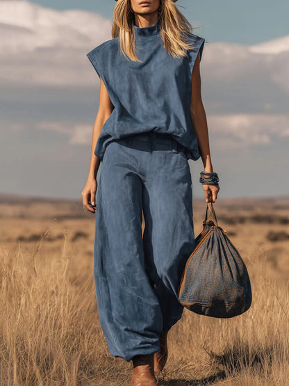 Loose Plus Size Pockets Solid Color Mock Neck T-Shirt Top + Pants Bottom Suits