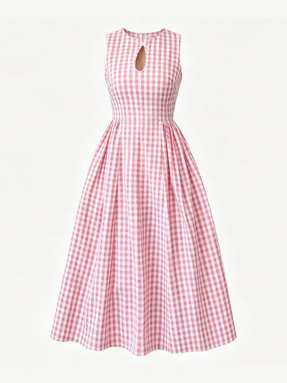 Zipper Split-Joint Plain Hollow Contrast Color Sleeveless High Waisted Round-neck Maxi Dresses
