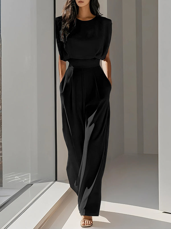Loose Pleated Solid Color Split-Joint Round-Neck Jumpsuits