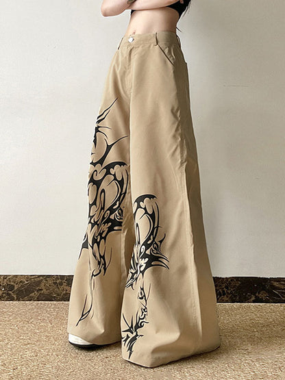 High Waisted Loose Asymmetric Printed Split-Joint Pants Trousers