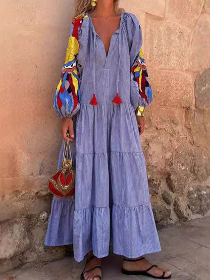 A-Line Long Sleeves Contrast Color Drawstring Pleated Printed Split-Joint V-Neck Maxi Dresses