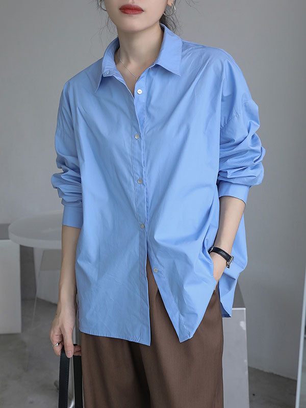 Long Sleeves Loose Buttoned Solid Color Lapel Blouses&Shirts Tops