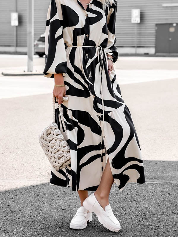 Long Sleeves Loose Contrast Color Pleated Printed Split-Joint Tied Waist Lapel Shirt Dress