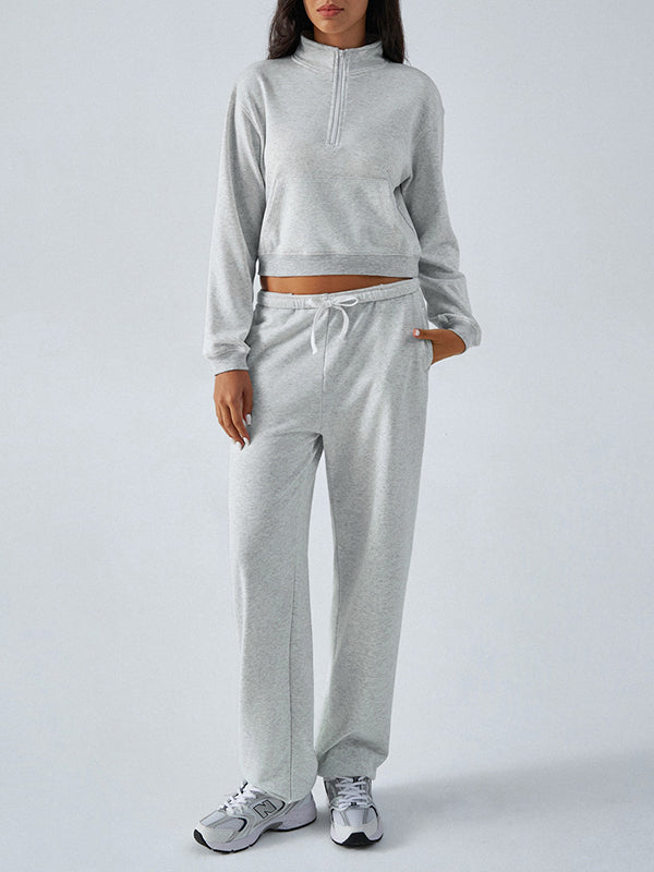 Long Sleeves Loose Pockets Solid Color Split-Joint Zipper Stand Collar Sweatshirt Tops