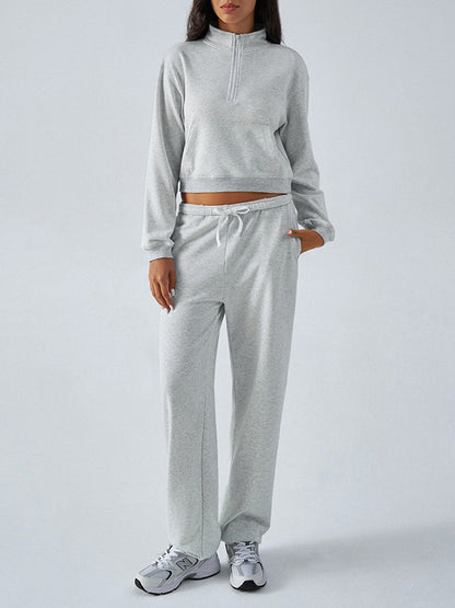 Long Sleeves Loose Pockets Solid Color Split-Joint Zipper Stand Collar Sweatshirt Tops