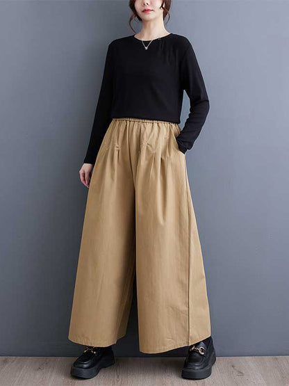 Loose Wide Leg Elasticity Embroidered Pleated Ninth Pants Trousers