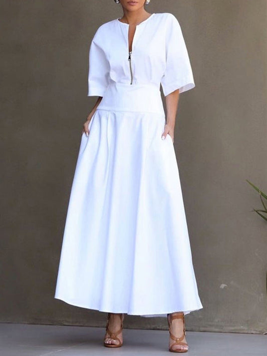 Half Sleeves Loose Solid Color Zipper Round-Neck Maxi Dresses