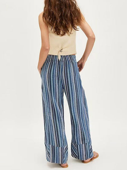 Elasticated Waist High Waisted Contrast Color Printed Split-Joint Striped Pants