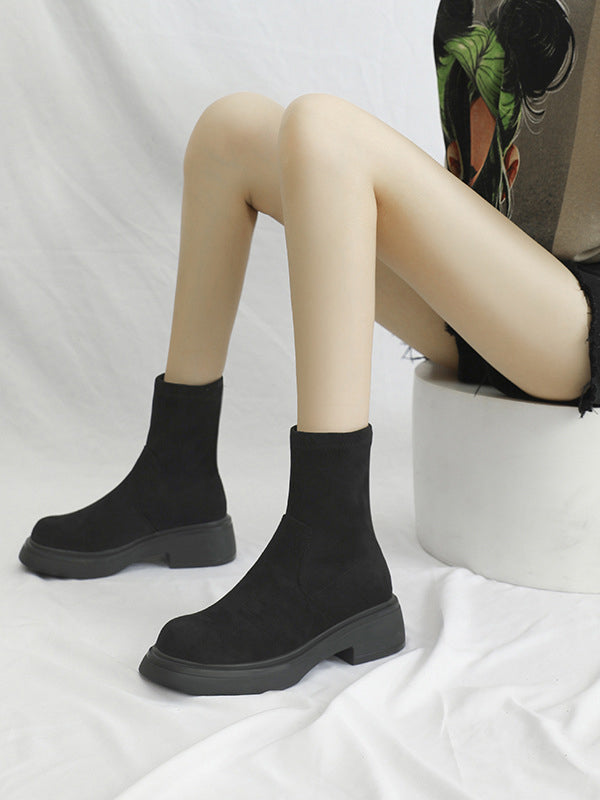 Chunky Shoes Round-Toe Split-Joint Velvet Boots