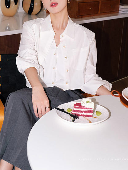 Lapel False Two Buttoned Pockets Solid Color Inner Shirts   Outerwear Blouses&Shirts Tops