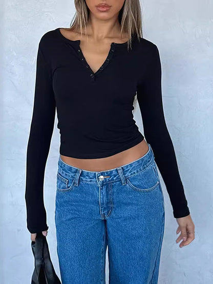 Long Sleeves Skinny Solid Color Split-Joint V-Neck T-Shirts