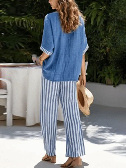 Half Sleeves Loose Contrast Color Pockets Striped V-Neck Blouses Top + Pants Bottom Two Pieces Set