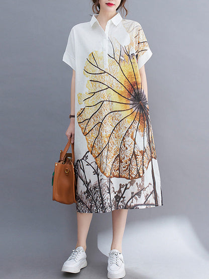 Loose Short Sleeves Buttoned Floral Printed Lapel Collar Midi Dresses Shirt Dress