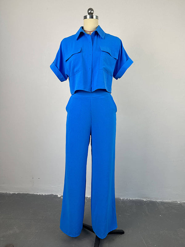 Wrap Buttoned Pockets Solid Color Shirts Tops&Pants Two Pieces Set