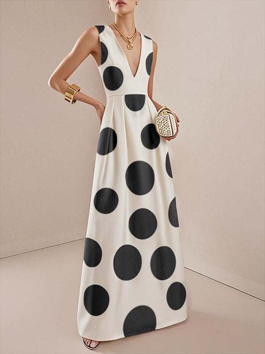 A-Line High Waisted Pleated Polka-Dot V-Neck Maxi Dresses