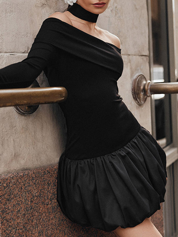 High Waisted Long Sleeves Contrast Color Pleated Split-Joint Off-The-Shoulder Mini Dresses