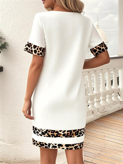 Bodycon Loose Contrast Color Leopard Split-Joint Round-Neck Mini Dresses