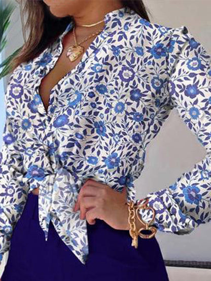Long Sleeves Buttoned Flower Print Deep V-Neck Shirts Top +Belted Shorts Bottom Two Pieces Set