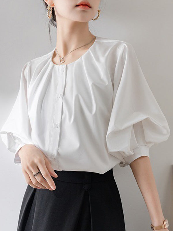 Half Sleeves Loose Buttoned Pleated Solid Color Round-Neck Blouses&Shirts Tops
