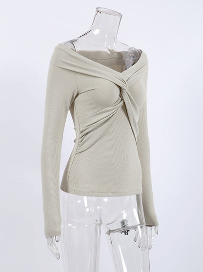 Long Sleeves Skinny Keep Warm Knot Solid Color V-Neck T-Shirts Tops