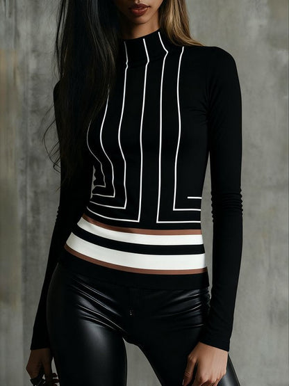 Long Sleeves Skinny Printed Mock Neck T-Shirts Tops