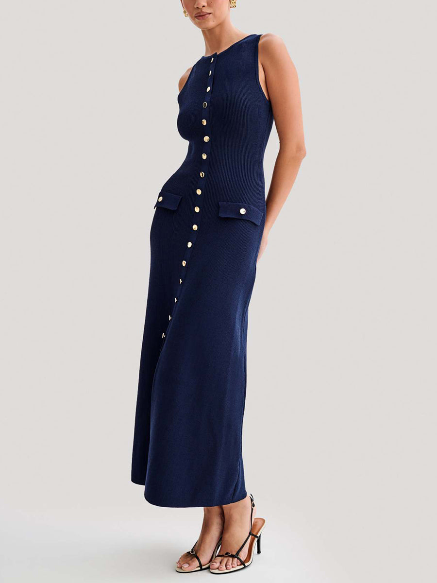 Solid Color Buttoned Sleeveless Bodycon Round-neck Midi Dresses