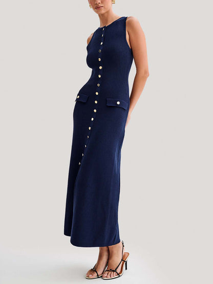 Solid Color Buttoned Sleeveless Bodycon Round-neck Midi Dresses