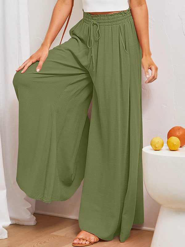 High Waisted Loose Drawstring Elasticity Pockets Solid Color Pants Trousers