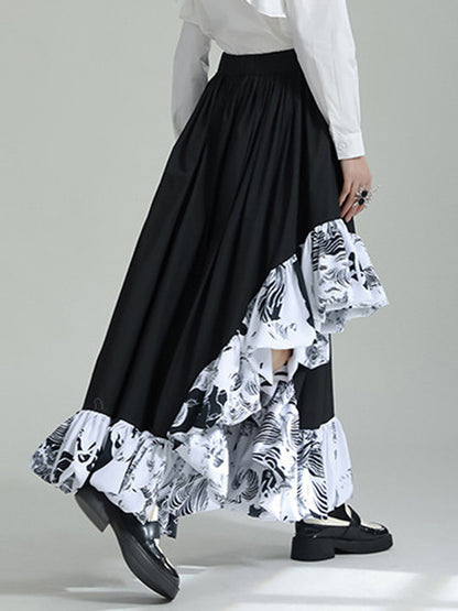High Waisted Loose Asymmetric Elasticity Pleated Printed Ruffled Split-Joint Skirts Bottoms