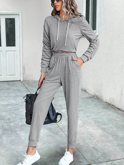 Solid Color Long Sleeves Pleated V-Neck Hoodies Top + Drawstring Elasticity Pants Bottom Two Pieces Set
