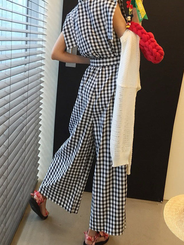 High Waisted Loose Plaid Pockets Tied Waist Round-neck Jumpsuits