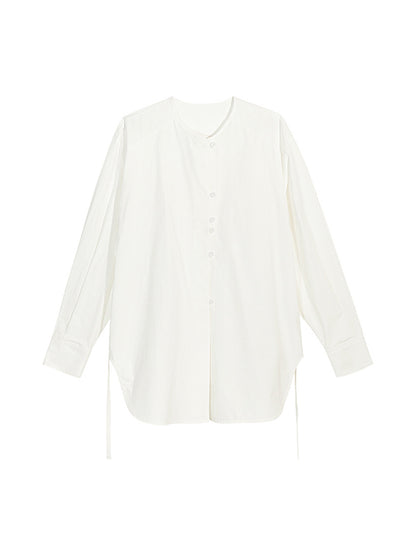 Long Sleeves Loose Buttoned Solid Color Tied Round-Neck Blouses&Shirts Tops
