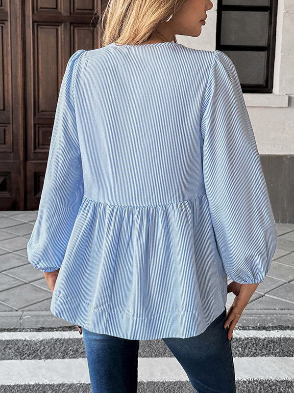 Long Sleeves Loose Elasticity Pleated Striped Tied Round-Neck Blouses&Shirts Tops