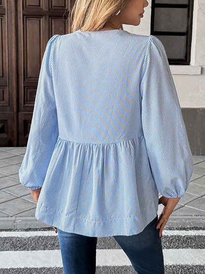 Long Sleeves Loose Elasticity Pleated Striped Tied Round-Neck Blouses&Shirts Tops