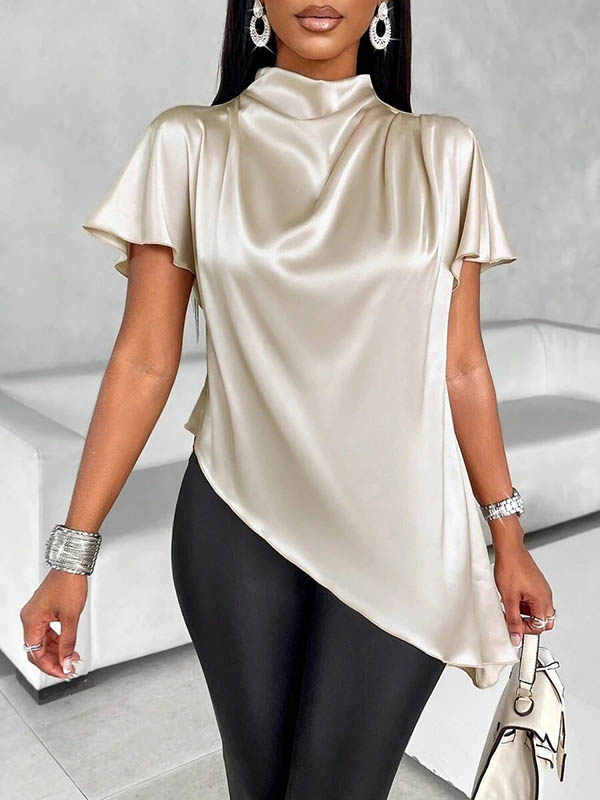 Loose Short Sleeves Asymmetric Solid Color Mock Neck Blouses&Shirts Tops