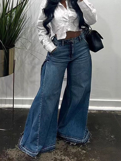 High Waisted Wide Leg Buttoned Pockets Jean Pants Bottoms