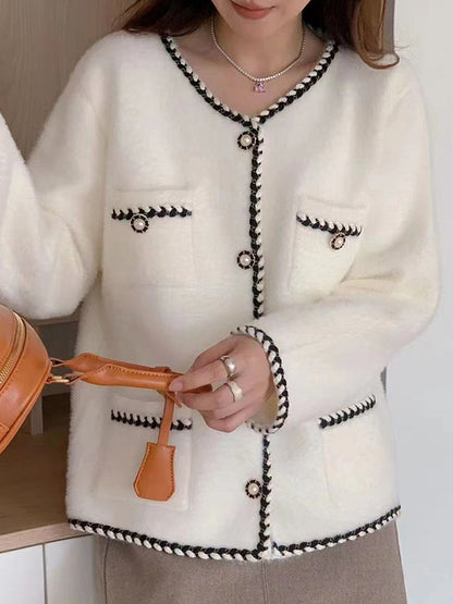 Long Sleeves Loose Buttoned Pockets Round-Neck Cardigan Tops