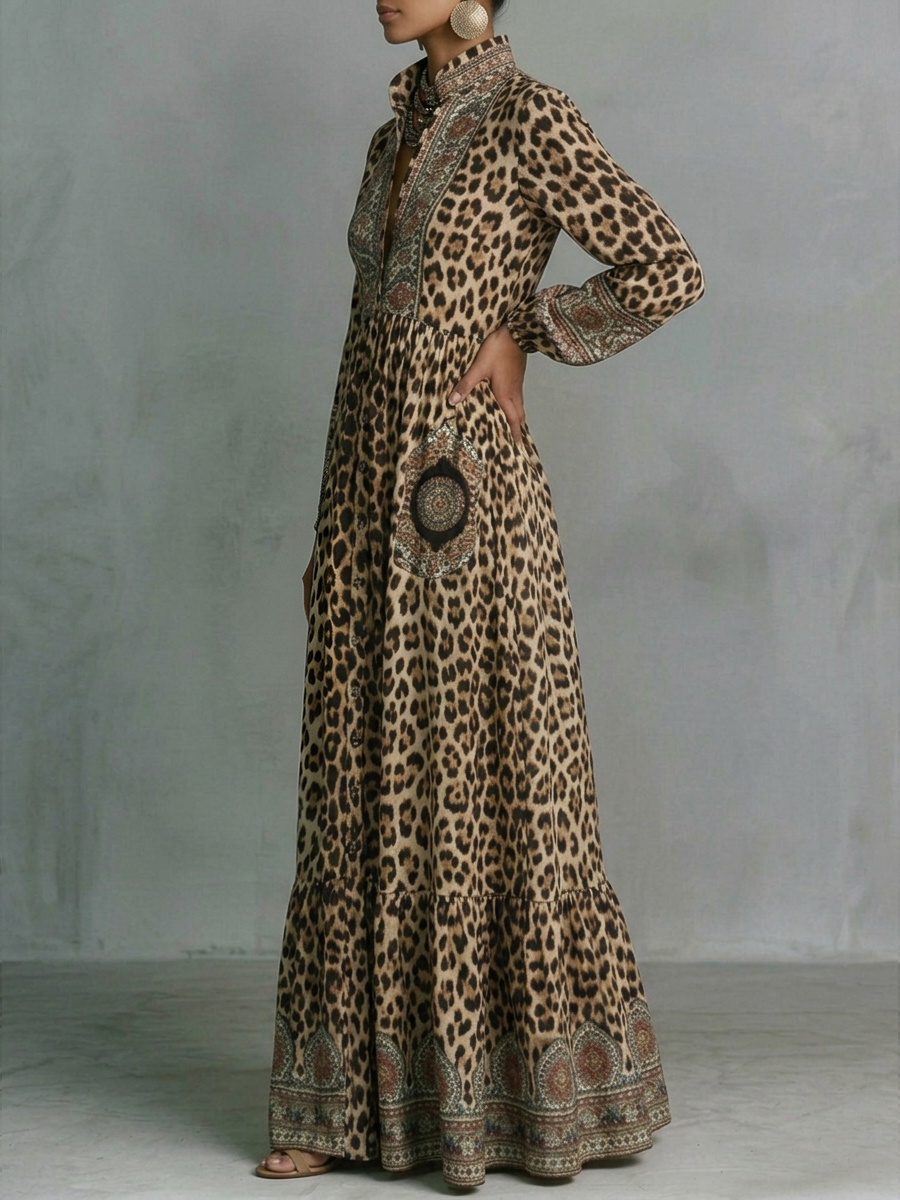 A-Line High Waisted Buttoned Contrast Color Leopard Pockets Printed Split-Joint Stand Collar Maxi Dresses