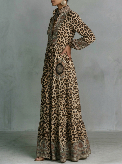 A-Line High Waisted Buttoned Contrast Color Leopard Pockets Printed Split-Joint Stand Collar Maxi Dresses